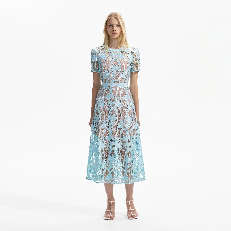 Midi Dresses in Shiny Wool -Light Blue Lace Midi Dress