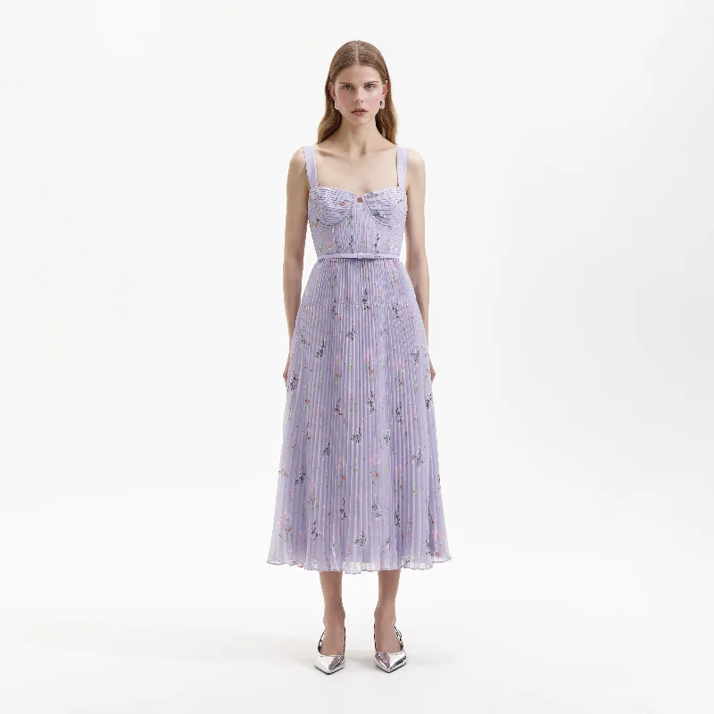 Midi Dresses with Wrap Back -Lilac Floral Chiffon Midi Dress