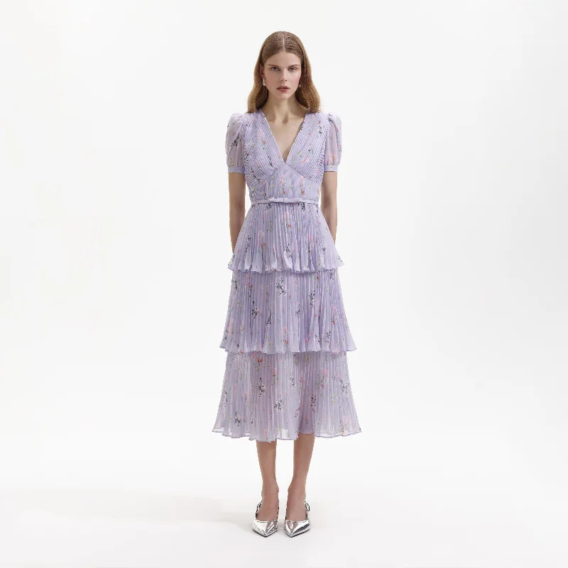 Midi Dresses with Front Pleats -Lilac Floral Midi Dress