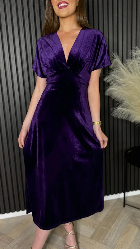 Midi Dresses for Summer Nights -Merritt Purple V Neckline Velvet Finish Midi Dress