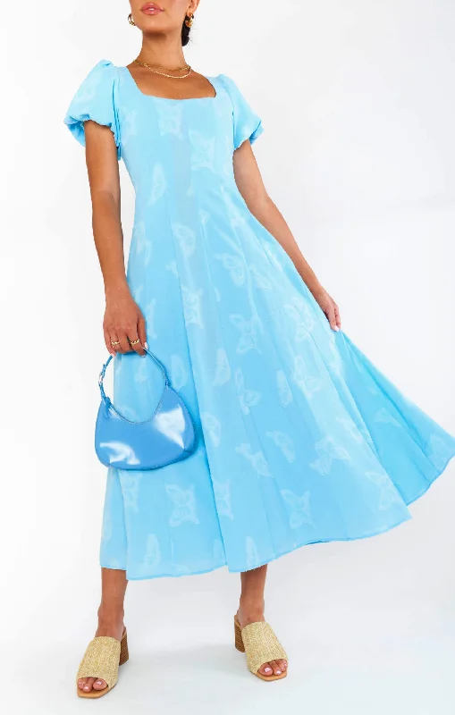 Midi Dresses in Soft Hues -Mia Midi Dress ~ Blue Clip Butterfly