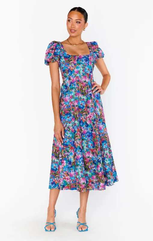 Midi Dresses in Pure Silk -Mia Midi Dress ~ Painterly Meadows