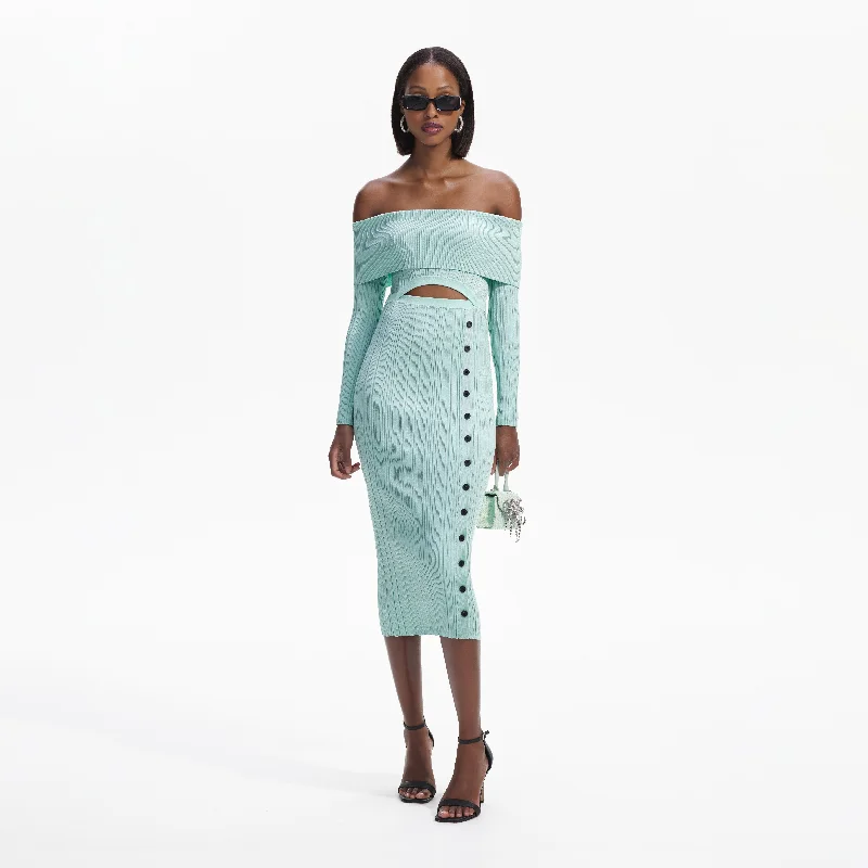 Midi Dresses with Halter Neck -Mint Off Shoulder Knit Midi Dress