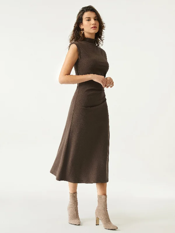 Midi Dresses with Ruffle Hemline -Mockneck Tucks Midi Dress