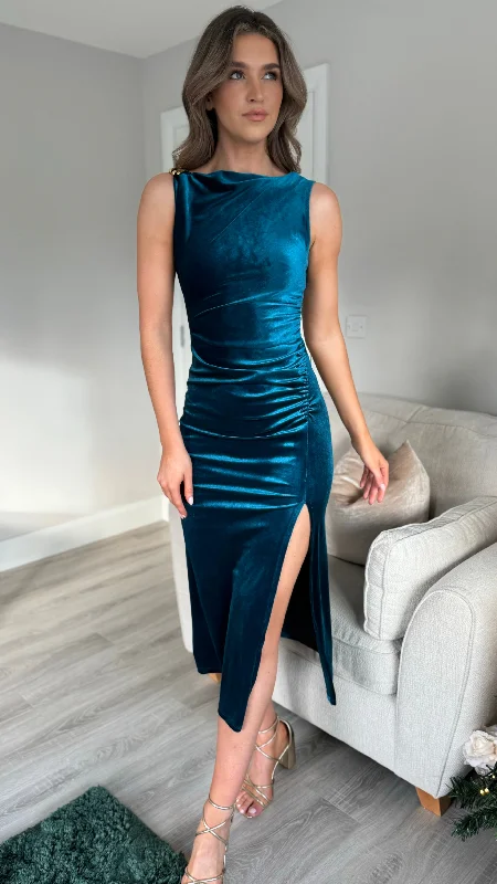 Midi Dresses with Ruched Details -Monroe Blue Velvet Finish Shoulder Detail Midi Dress