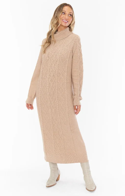 Midi Dresses with Flounce Front -Montreal Midi Dress ~ Taupe Cable Knit