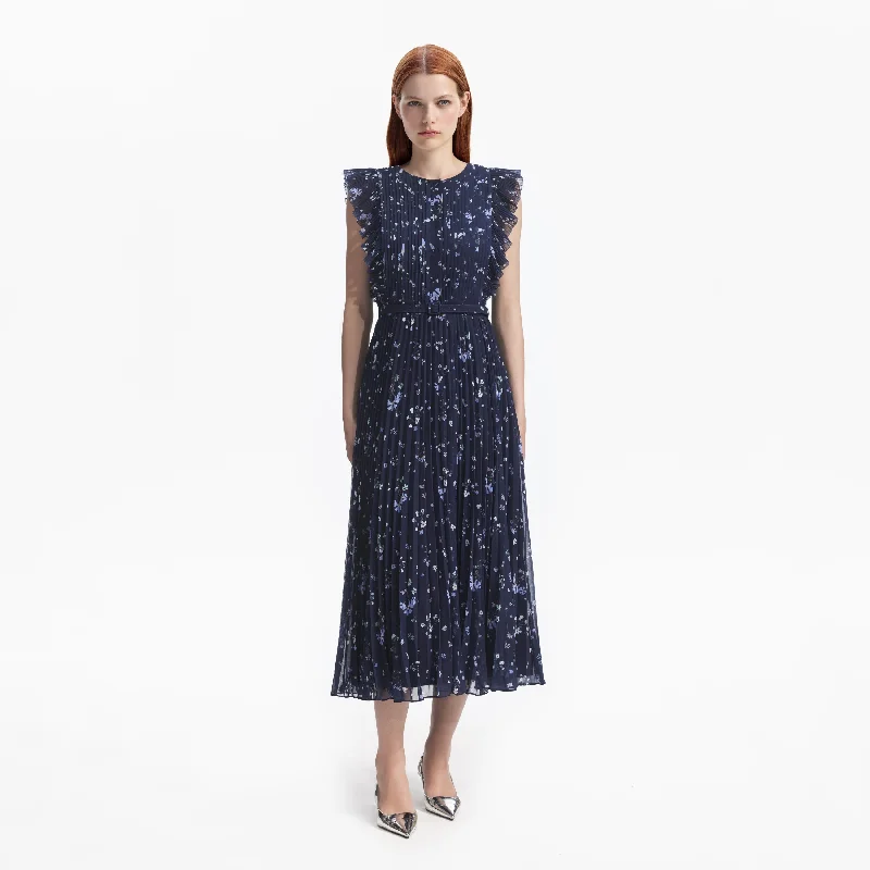 Chiffon Midi Dresses -Navy Floral Chiffon Midi Dress