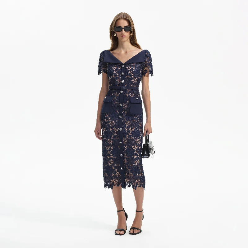 Midi Dresses in Lightweight Material -Navy Lace Open Neck Midi Dress