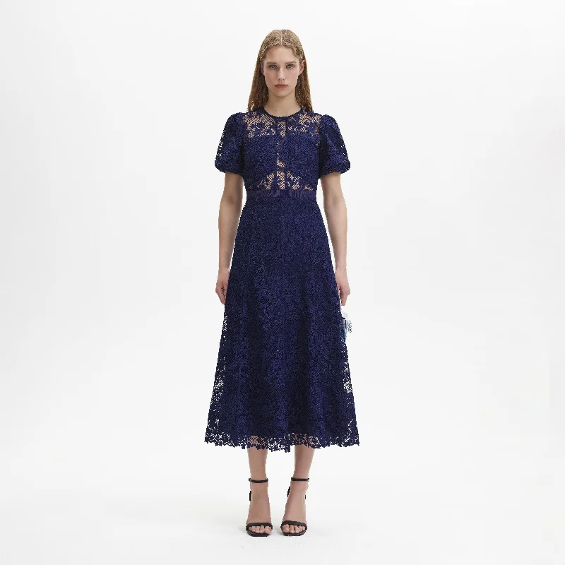 Midi Dresses in Textured Fabric -Navy Lace Puff Sleeve Midi Dress