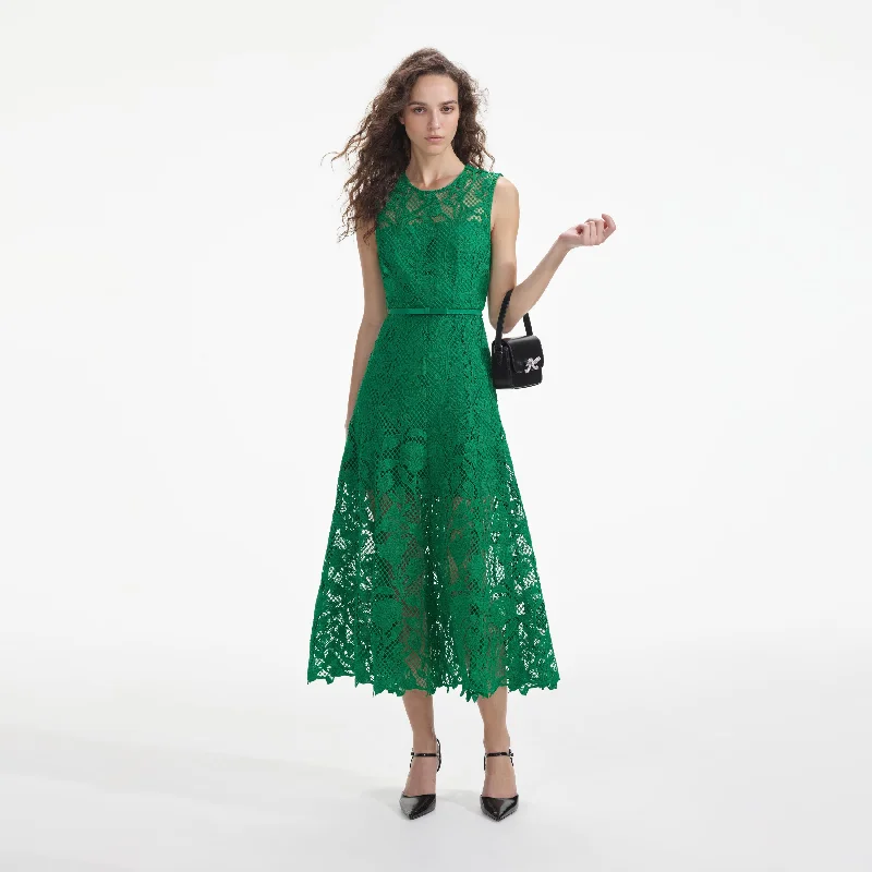 Midi Dresses in Lightweight Cotton -Green Lace Sleeveless Midi Dress