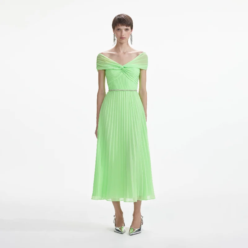 Midi Dresses with Asymmetrical Hem -Green Off Shoulder Chiffon Midi Dress