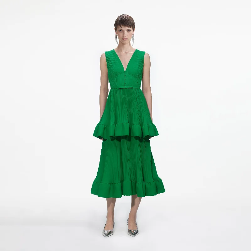 Midi Dresses in Luxe Fabric -Green Tiered Chiffon Midi Dress