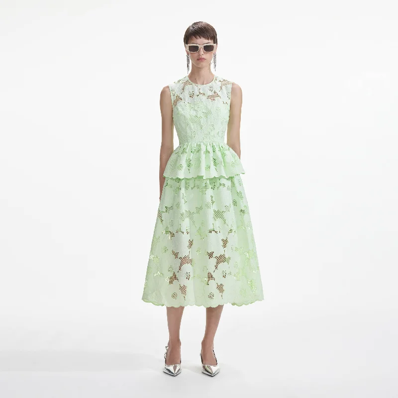 Midi Dresses for Concerts -Mint Cotton Lace Peplum Midi Dress