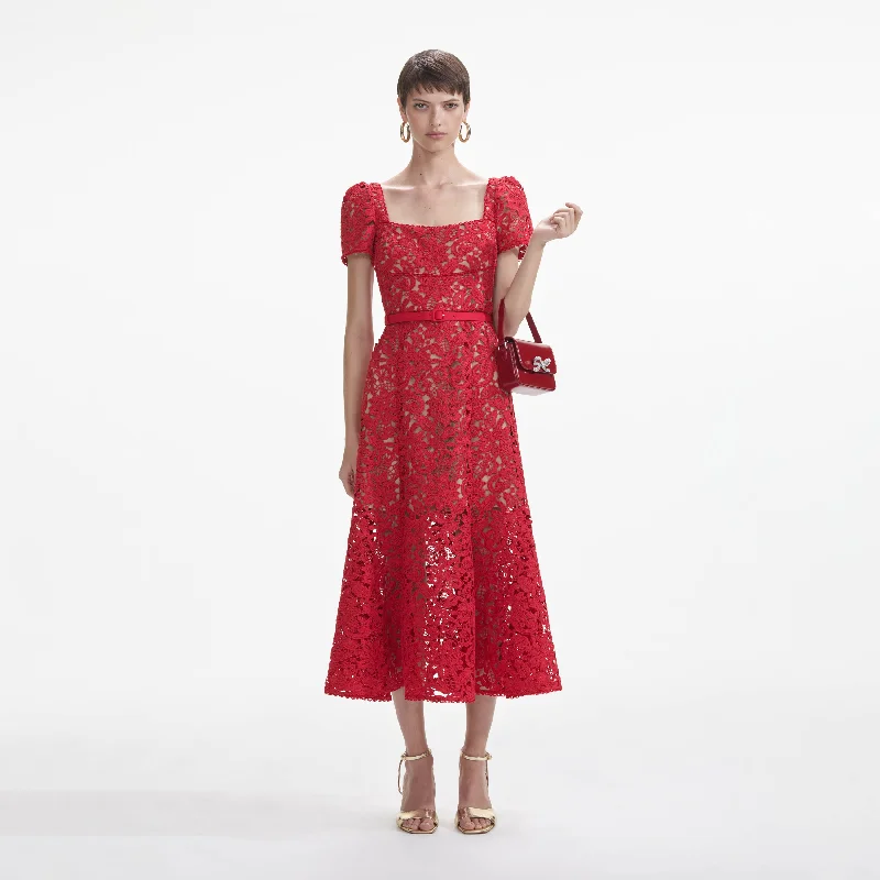 Navy Midi Dresses for Night -Red Floral Lace Midi Dress