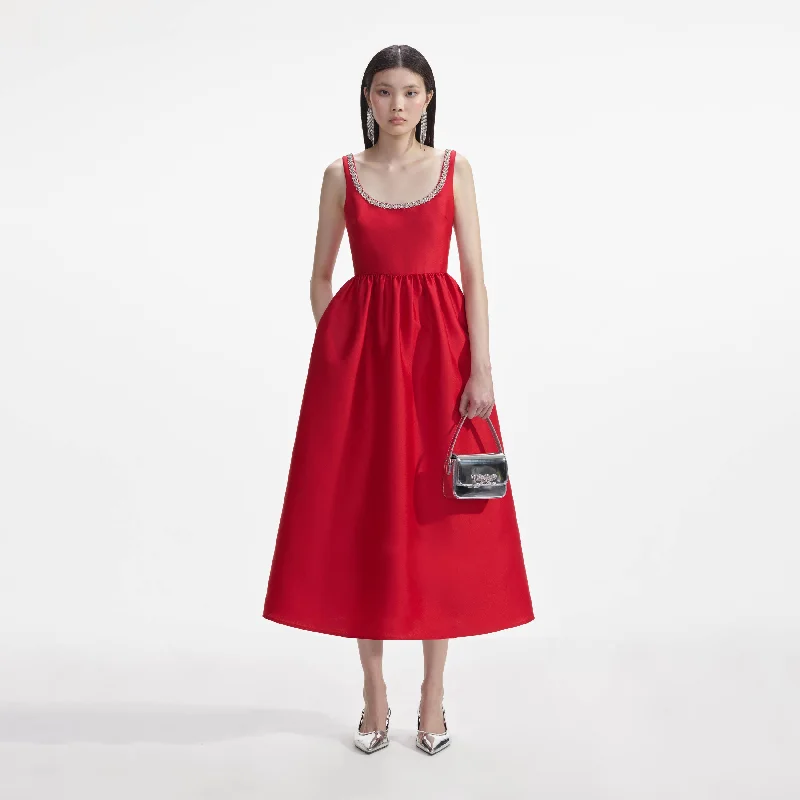 Midi Dresses for Beach Trips -Red Taffeta Diamante Midi Dress