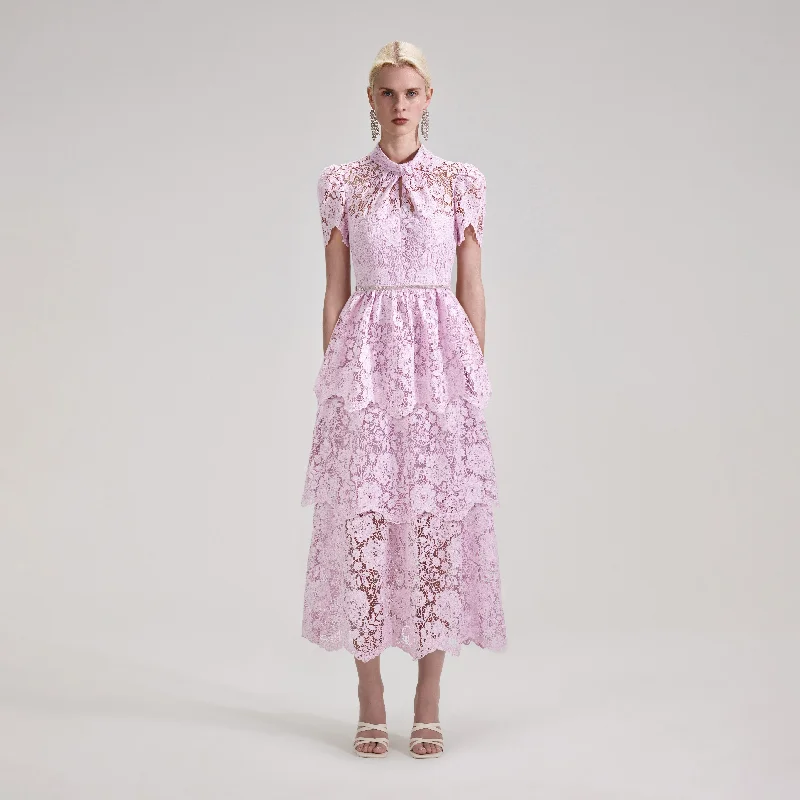 Midi Dresses for Everyday Wear -Pink Cord Lace Tiered Midi Dress