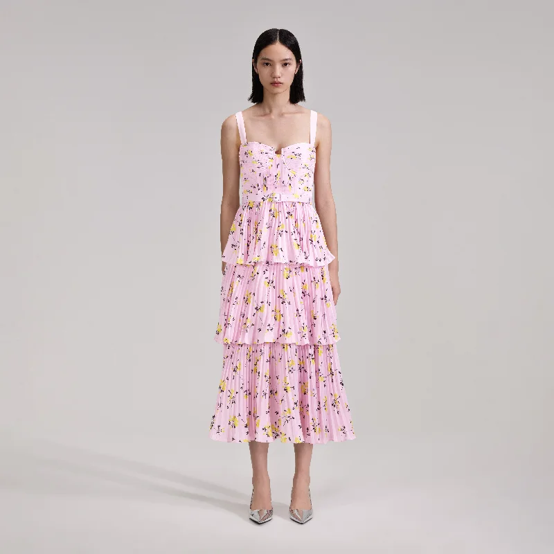 Midi Dresses with Bow Edge -Pink Floral Print Tiered Midi Dress