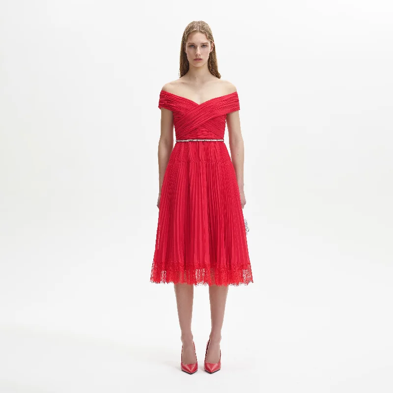 Midi Dresses for Cocktail Events -Red Chiffon Off Shoulder Midi Dress