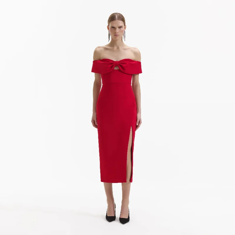 Midi Dresses for Dance Nights -Red Crepe Off Shoulder Bow Midi Dress