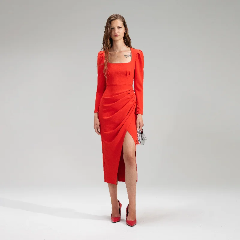 Midi Dresses for Day Events -Red Crepe Ruched Midi Dress