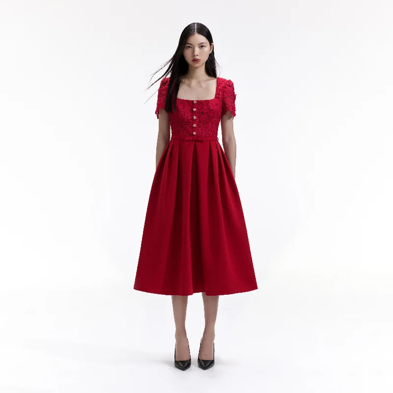 Midi Dresses for Roof Parties -Red Lace Crepe Midi Dress