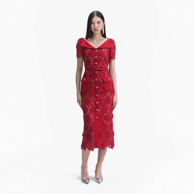 Midi Dresses for Night Clubs -Red Lace Open Neck Midi Dress