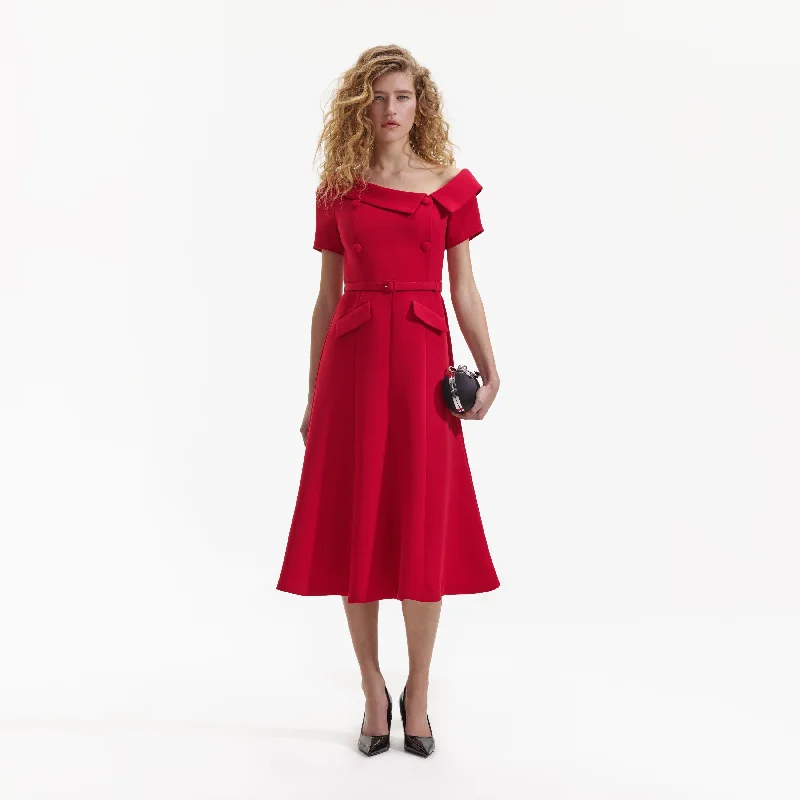 Midi Dresses for Quick Trips -Red Tailored Crepe Midi Dress