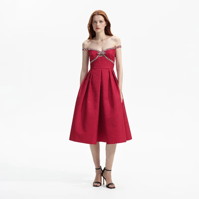 Midi Dresses for Small Parties -Red Textured Diamante Midi Dress