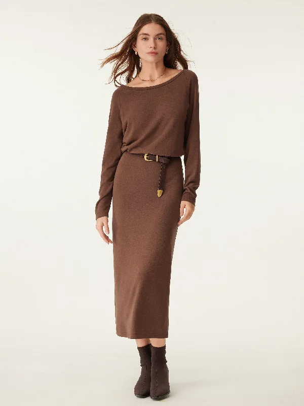 Midi Dresses with Tie Neck -Relaxed Boatneck Midi Dress