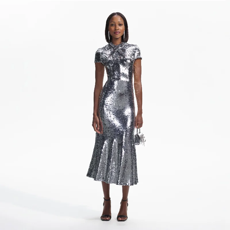 Midi Dresses for Music Parties -Silver Sequin Twist Neck Midi Dress