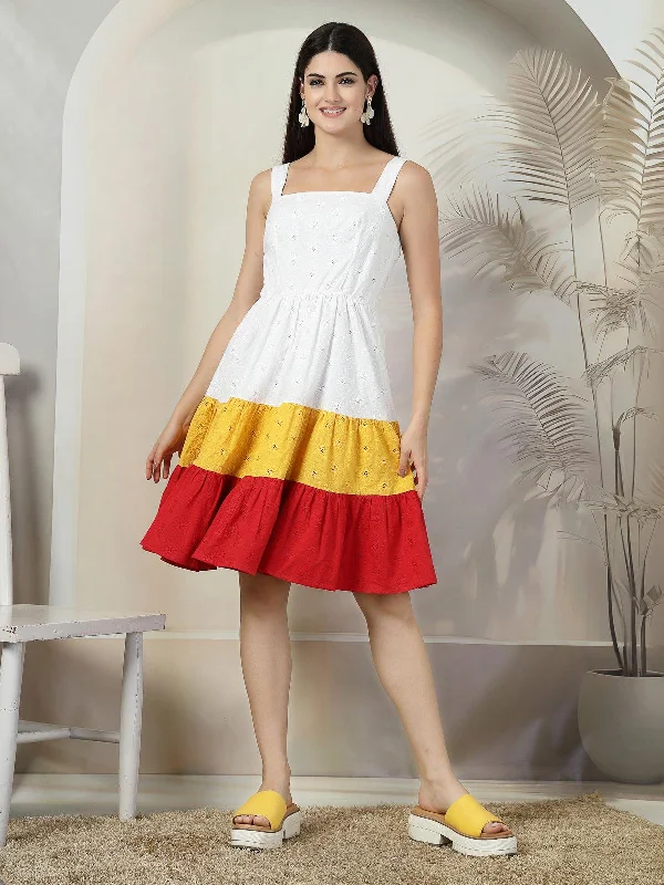 Midi Dresses in Shiny Finish -SMERA MART Women's Sleeveless A Line Midi Schiffli Cotton Dress - White & Red