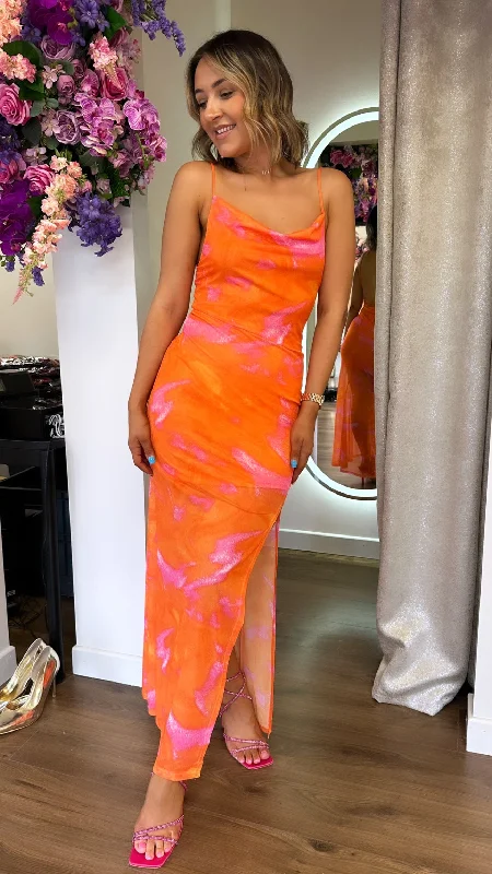 Midi Dresses in Breezy Fabric -Stacie Orange & Pink Tie-Dye Print Midi Dress