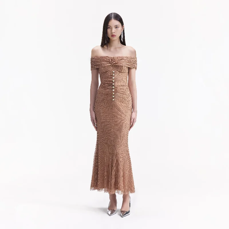 Midi Dresses for Bachelorette Parties -Tan Rhinestone Midi Dress