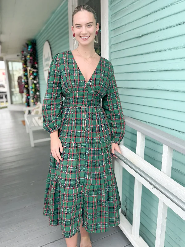 Midi Dresses for Special Occasions -The Jace Plaid Midi Dress-Green