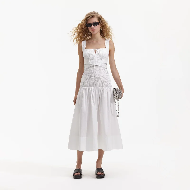 Midi Dresses with Swing Back -White Cotton Sweetheart Midi Dress