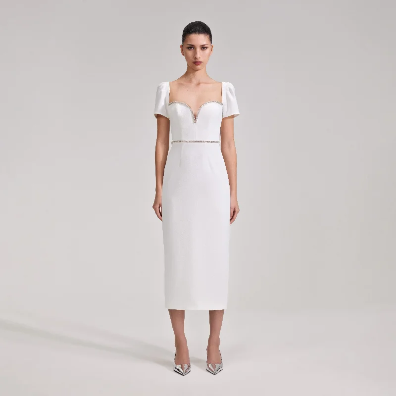 Midi Dresses in Soft Velvet -White Diamante Trim Split Midi Dress