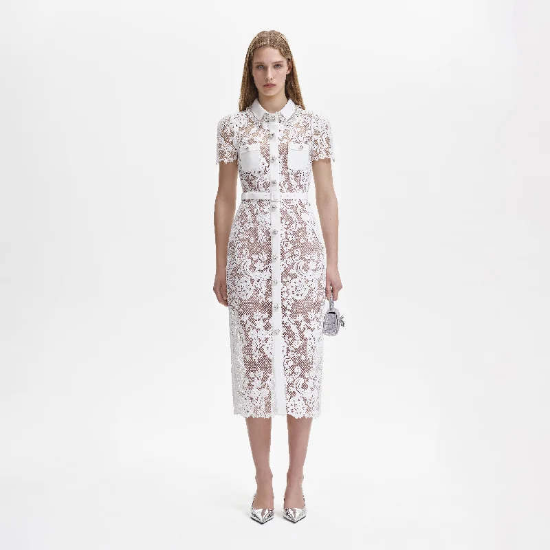 Midi Dresses for Tall Women -White Lace Button Front Midi Dress