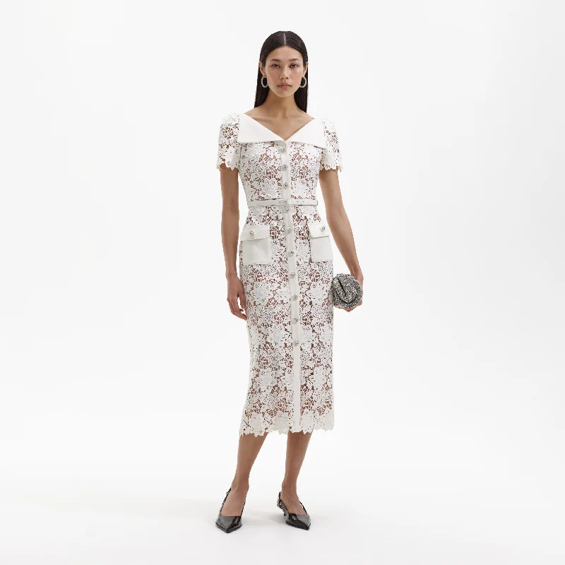 Midi Dresses for Coffee Chill -White Lace Open Neck Midi Dress