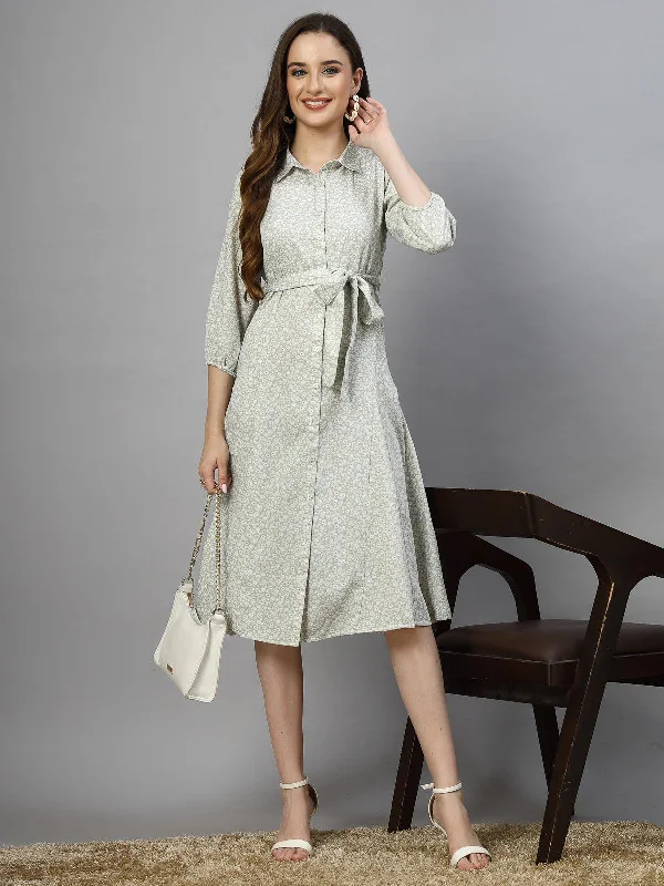 Midi Dresses in Soft Stripes -SMERA MART Women's 100% Polyester Collar Neck Half Sleeve Printed Midi Shirt Dress - Mint Green