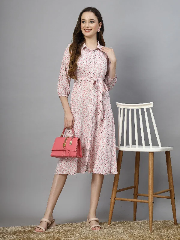 Midi Dresses in Sparkle Fabric -SMERA MART Women's 100% Polyester Collar Neck Half Sleeve Printed Midi Shirt Dress - Pink