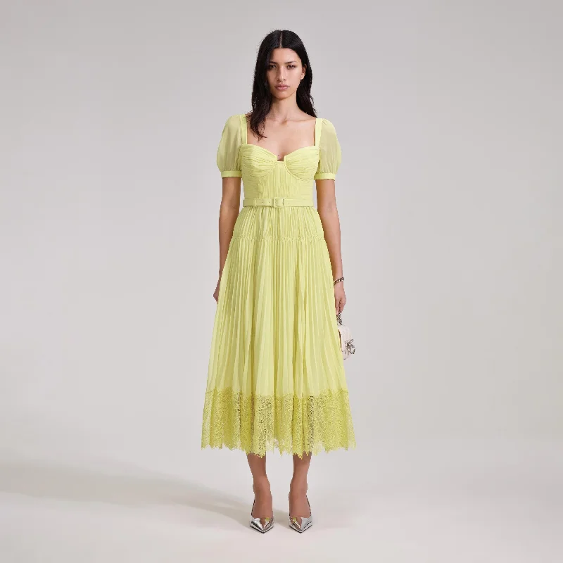 Midi Dresses for Pool Dates -Yellow Chiffon Lace Detail Midi Dress